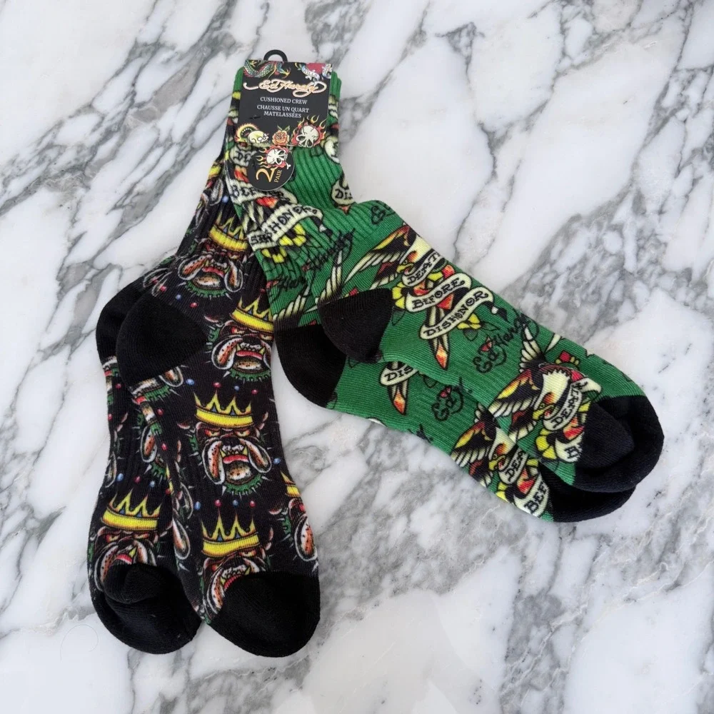 Ed Hardy 2 Pack Cushioned Crew Socks Death Before Dishonor Bulldog Tattoo Art